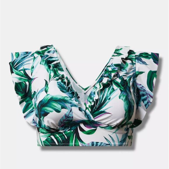 *BOGO FREE* Torrid Wireless Ruffle Sleeve Bikini Top Green Susie Tropical Size 3 - Picture 1 of 7